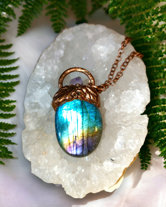 Purple Flash Labradorite and Copper Pendant OOAK