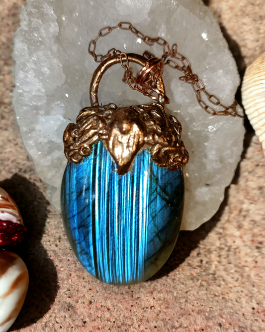 Stunning Statement Large Labradorite and Copper Pendant