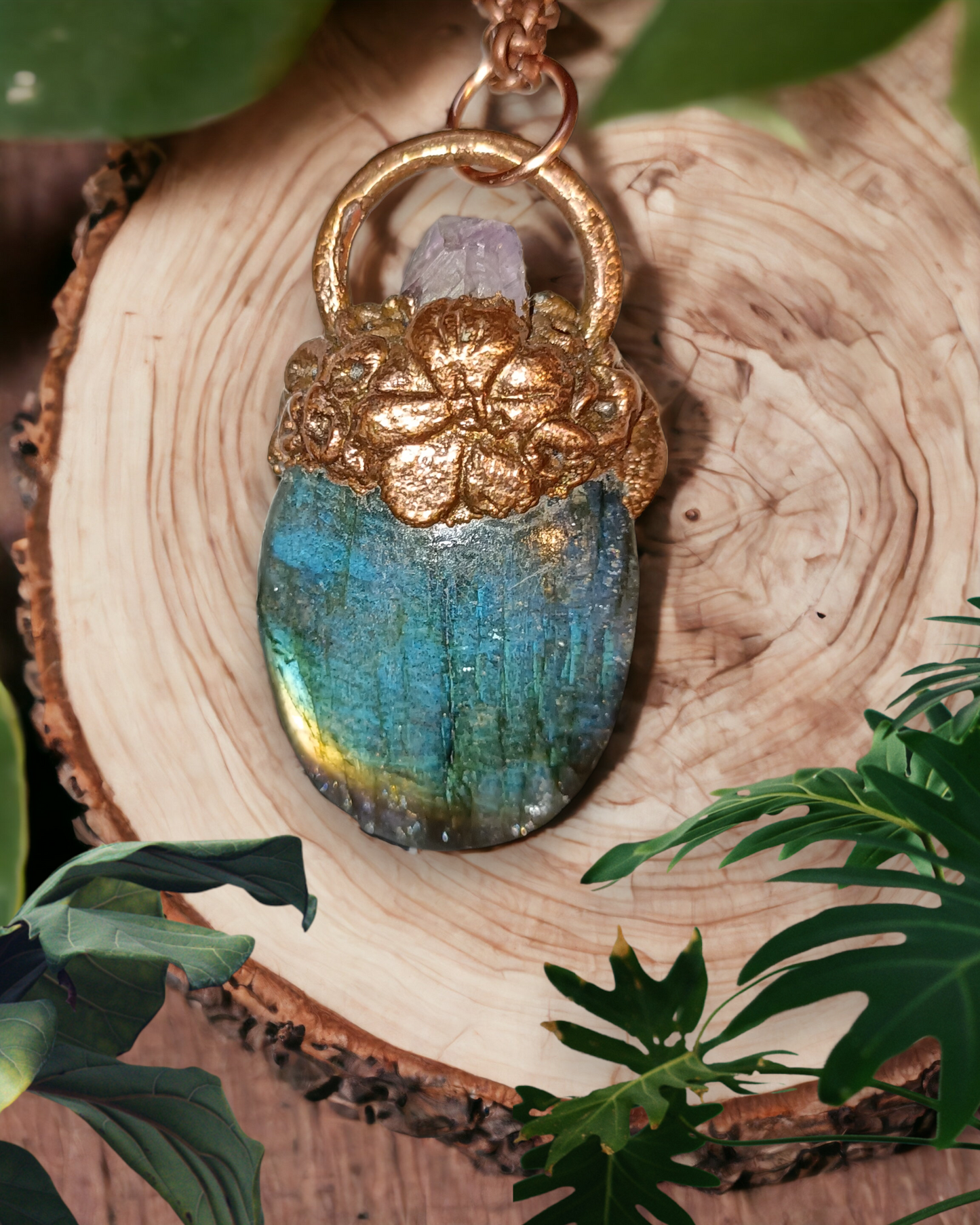 Purple Flash Labradorite and Copper Pendant OOAK