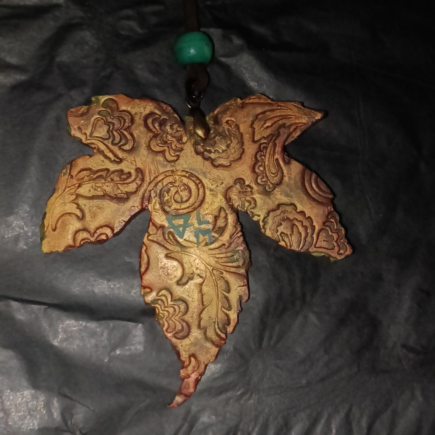 Large Clay Maple Leaf and Moss Agate Pendant Statement Piece Autumn Nature