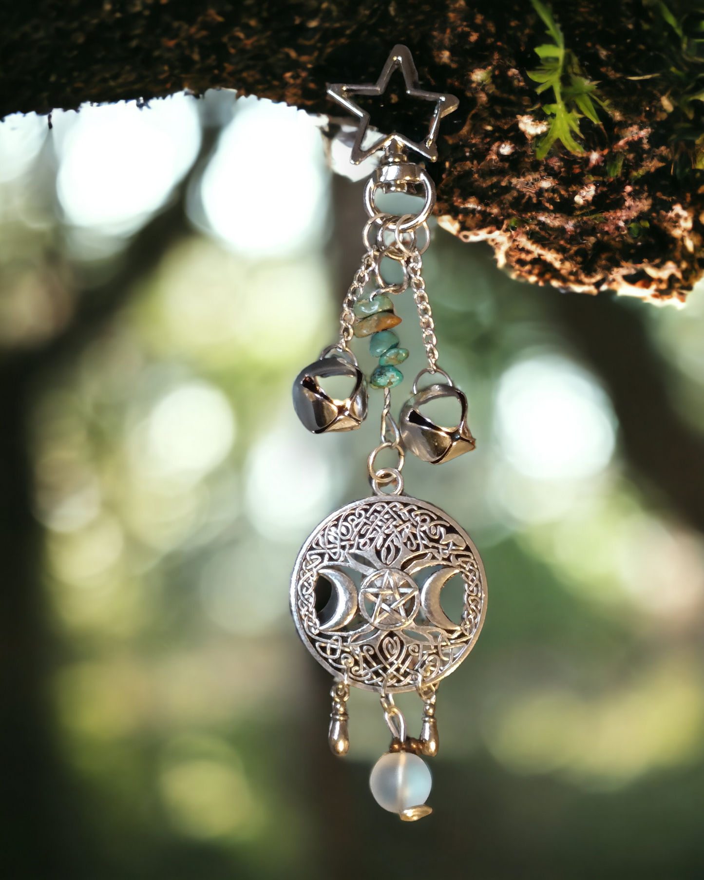 Tree of Life Triple Moon Gemstone Charms Home and Car Silver Tone