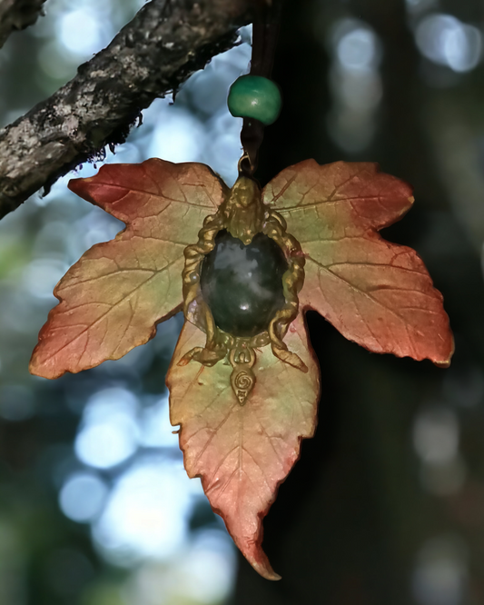 Large Clay Maple Leaf and Moss Agate Pendant Statement Piece Autumn Nature