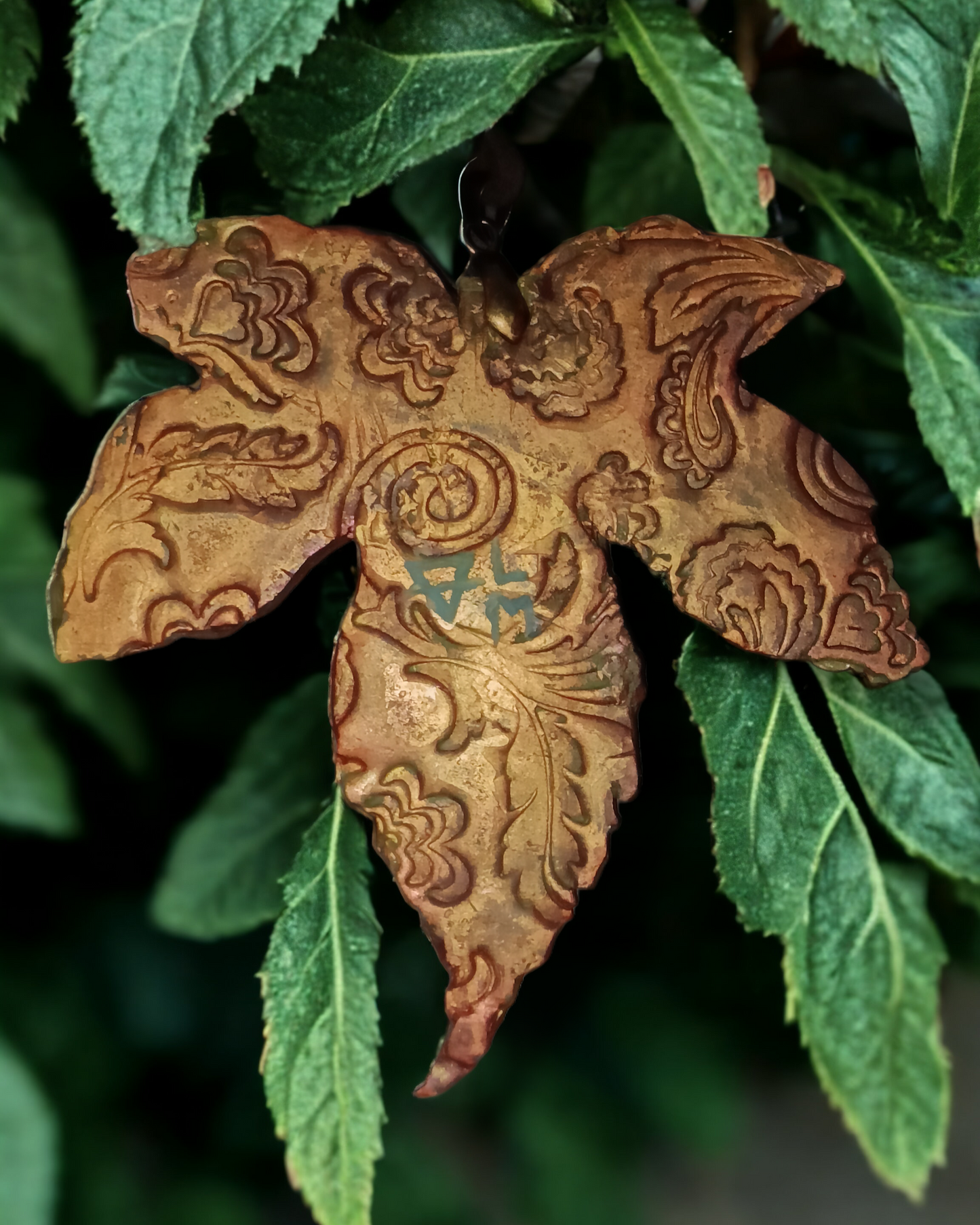 Large Clay Maple Leaf and Moss Agate Pendant Statement Piece Autumn Nature