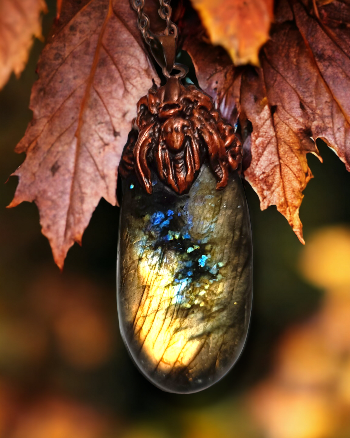 Large Statement Labradorite Necklace Set in Detailed Clay and Copper Top Sunlit Forest Vibe OOAK