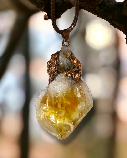 Large Citrine Rough Point with Copper Top OOAK Rainbow Statement Solar Energy Pendant