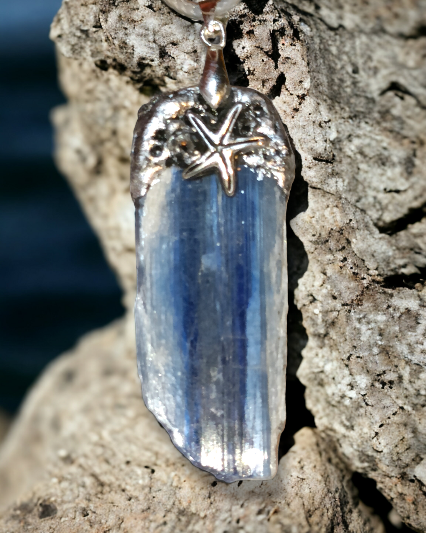 OOAK Blue Kyanite and Silver Ocean Pendant Unique 6cm Siren Water Necklace