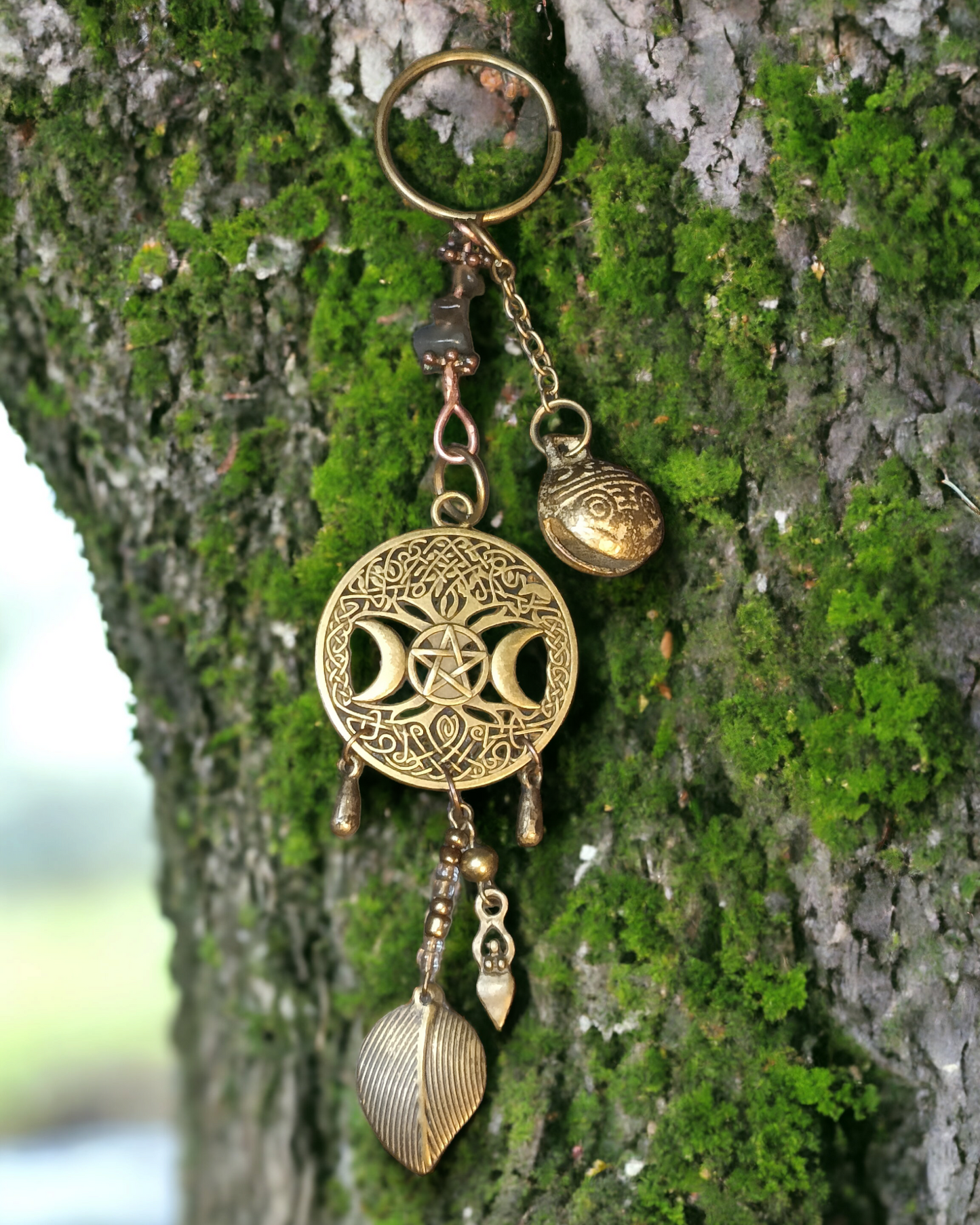 Tree of Life Triple Moon Gemstone Charms Home and Car Bronze Tone