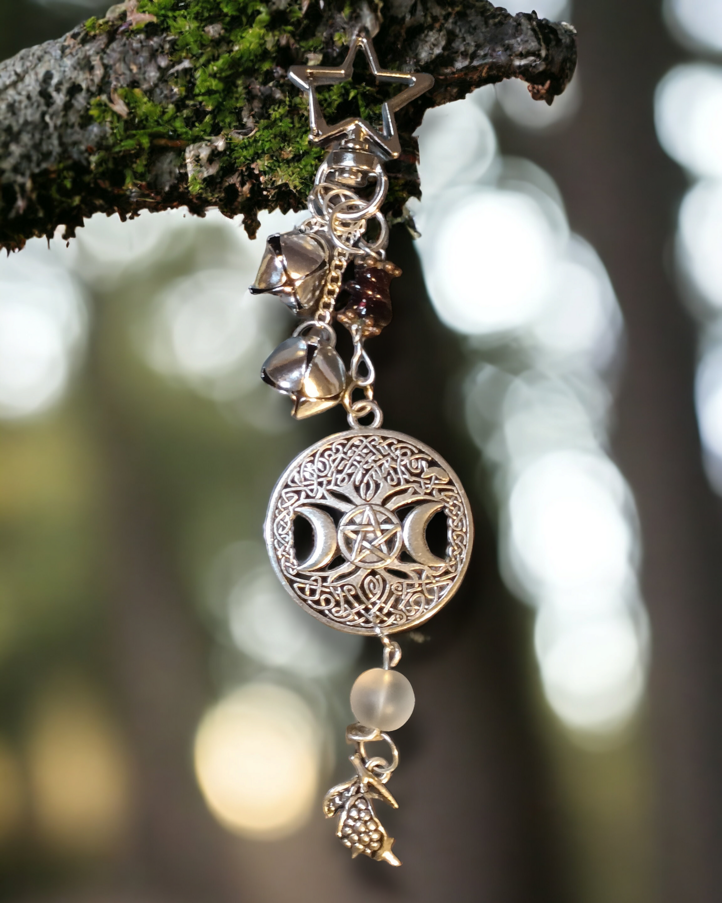 Tree of Life Triple Moon Gemstone Charms Home and Car Silver Tone