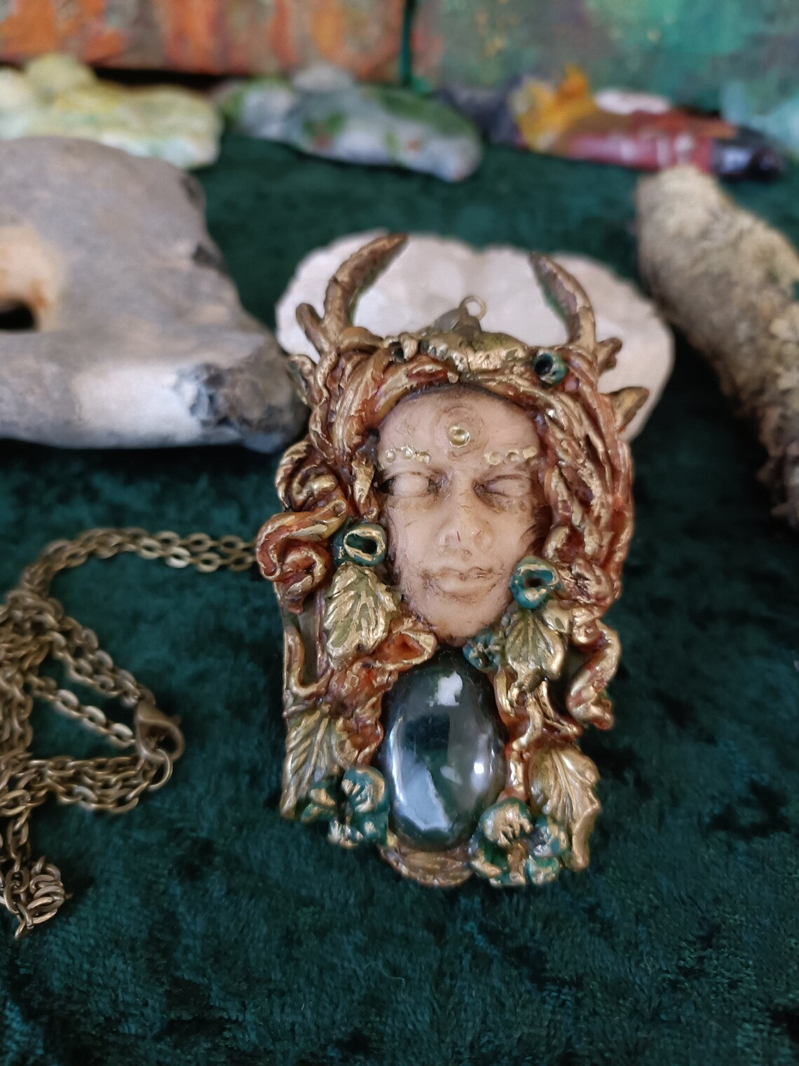 Elen of the Ways Moss Agate and Clay Pendant OOAK