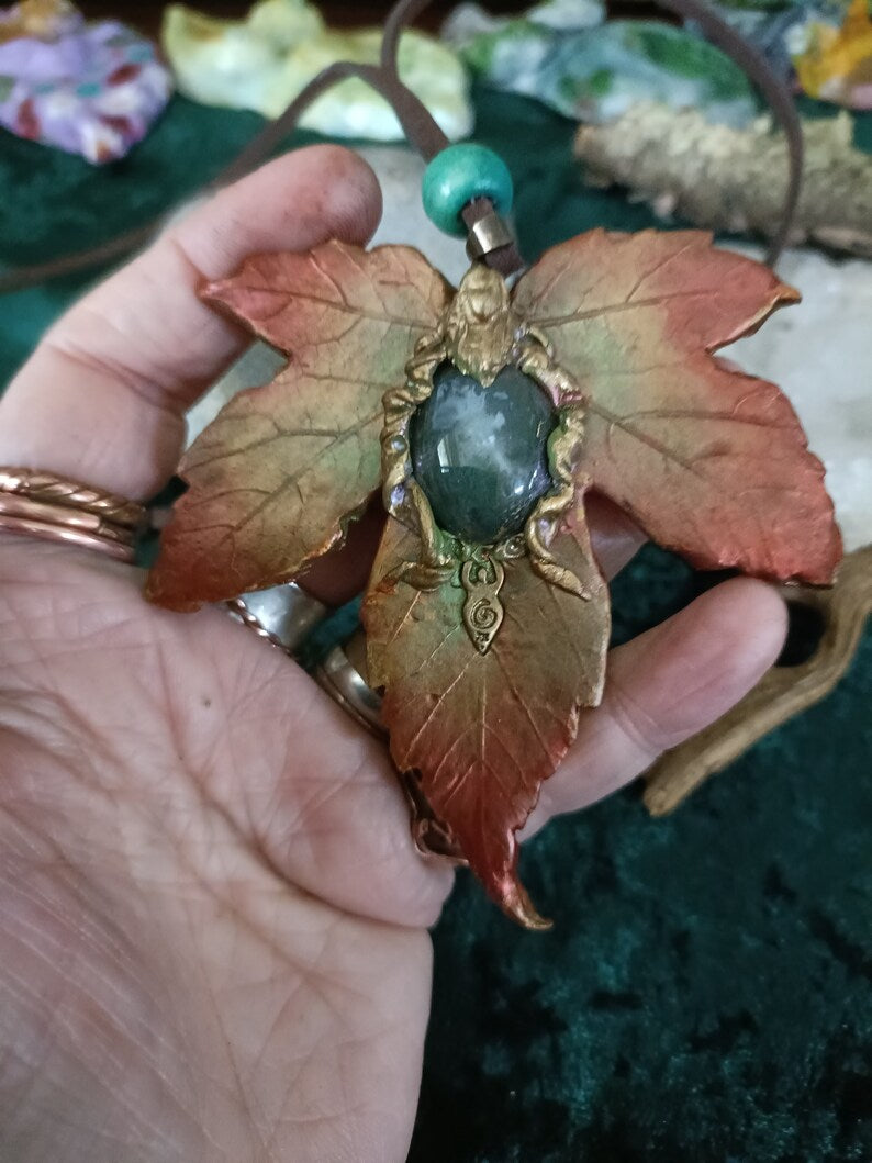 Large Clay Maple Leaf and Moss Agate Pendant Statement Piece Autumn Nature