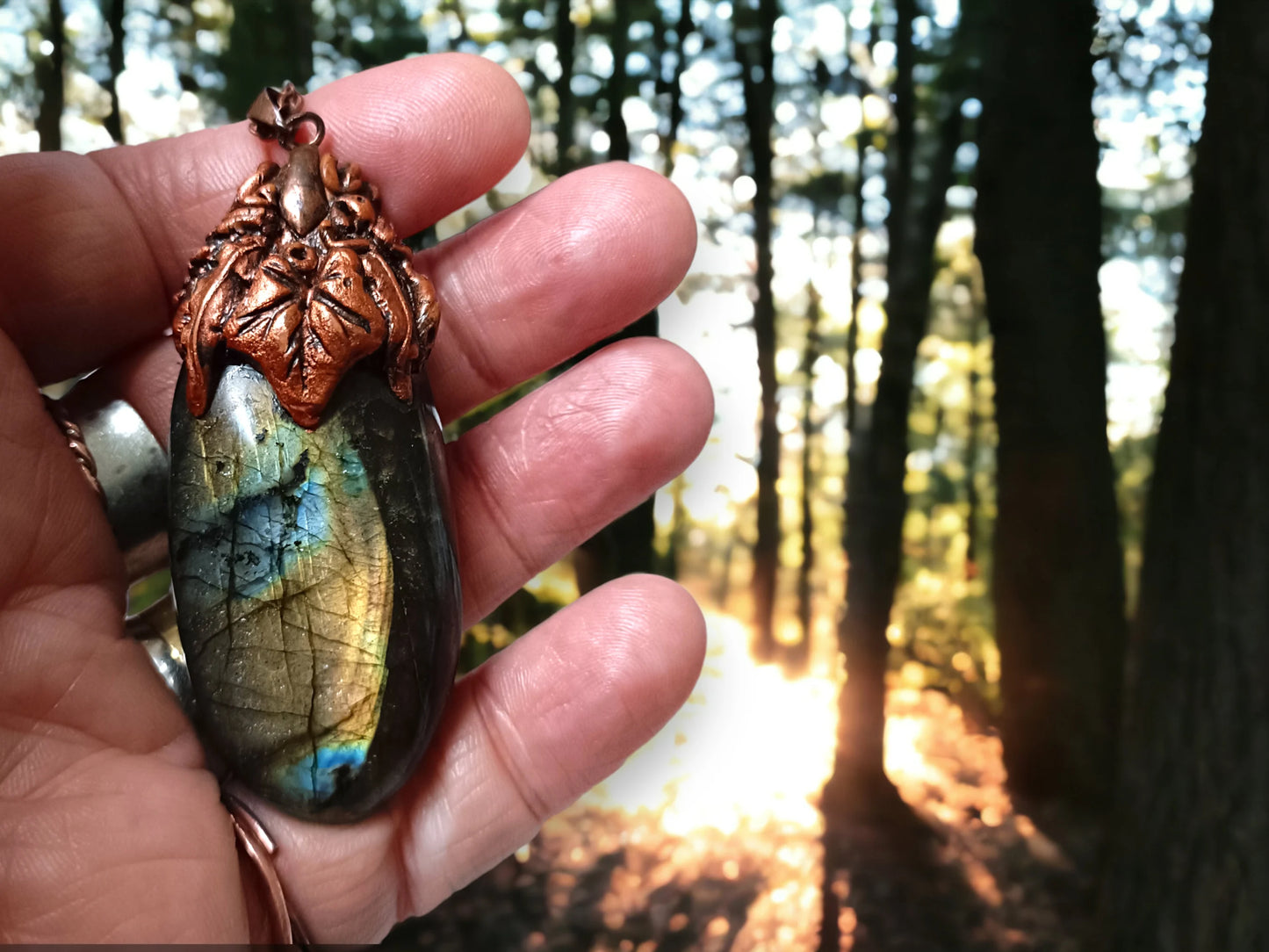 Large Statement Labradorite Necklace Set in Detailed Clay and Copper Top Sunlit Forest Vibe OOAK