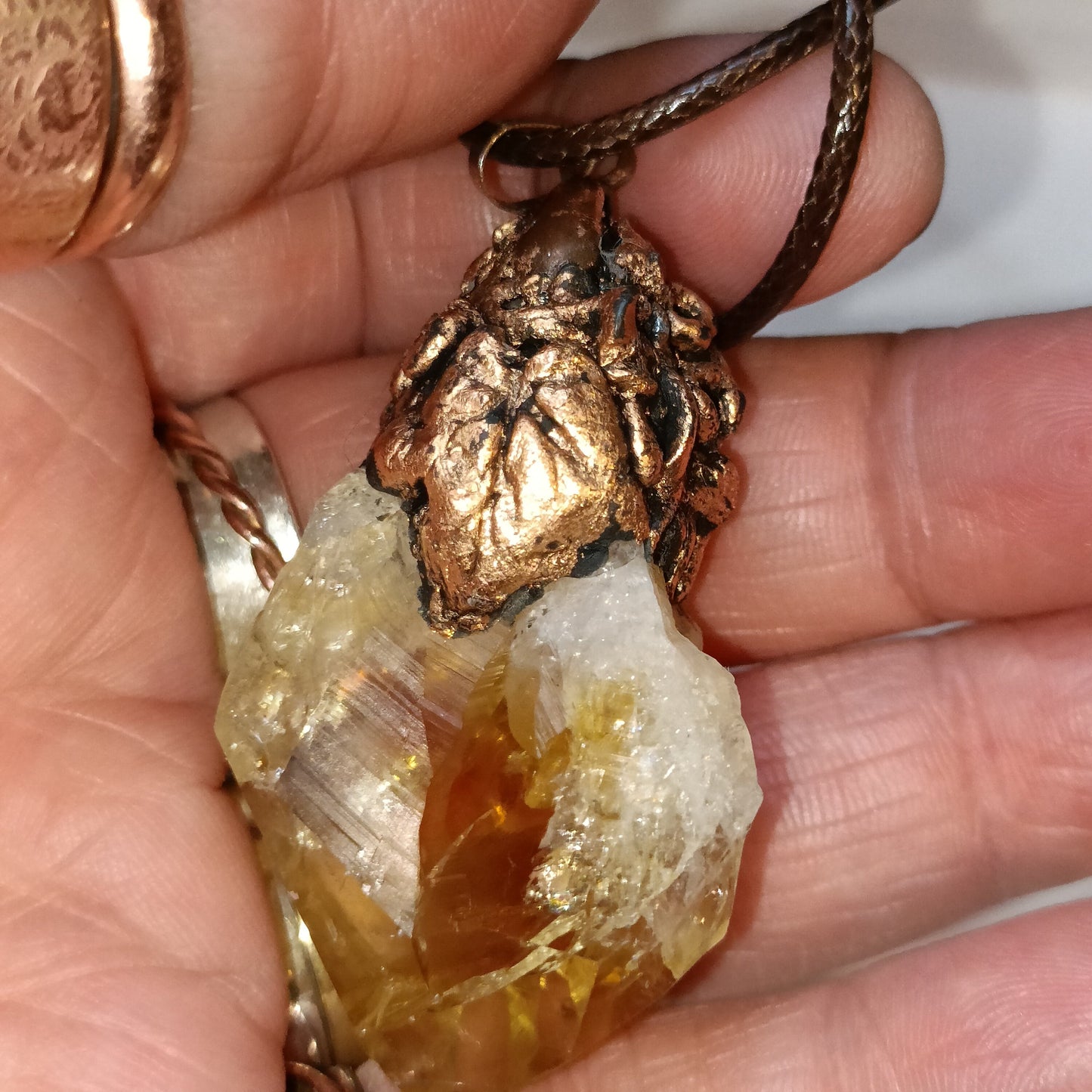 Large Citrine Rough Point with Copper Top OOAK Rainbow Statement Solar Energy Pendant