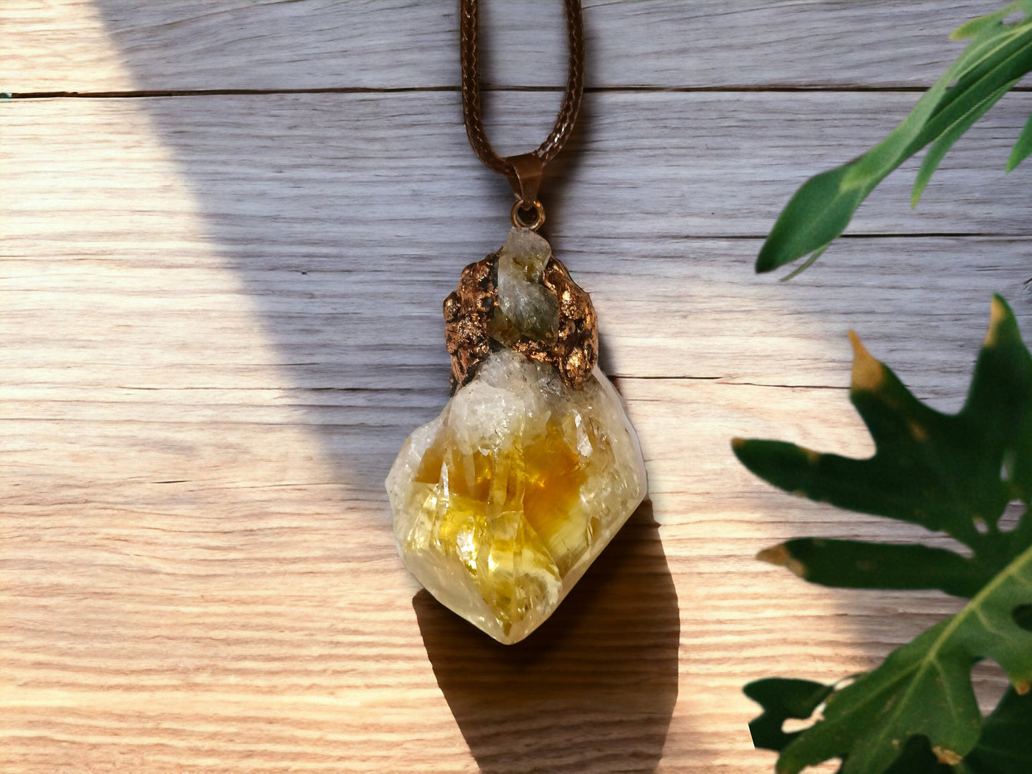 Large Citrine Rough Point with Copper Top OOAK Rainbow Statement Solar Energy Pendant