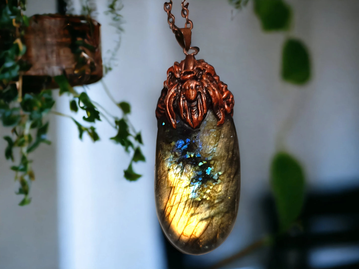 Large Statement Labradorite Necklace Set in Detailed Clay and Copper Top Sunlit Forest Vibe OOAK