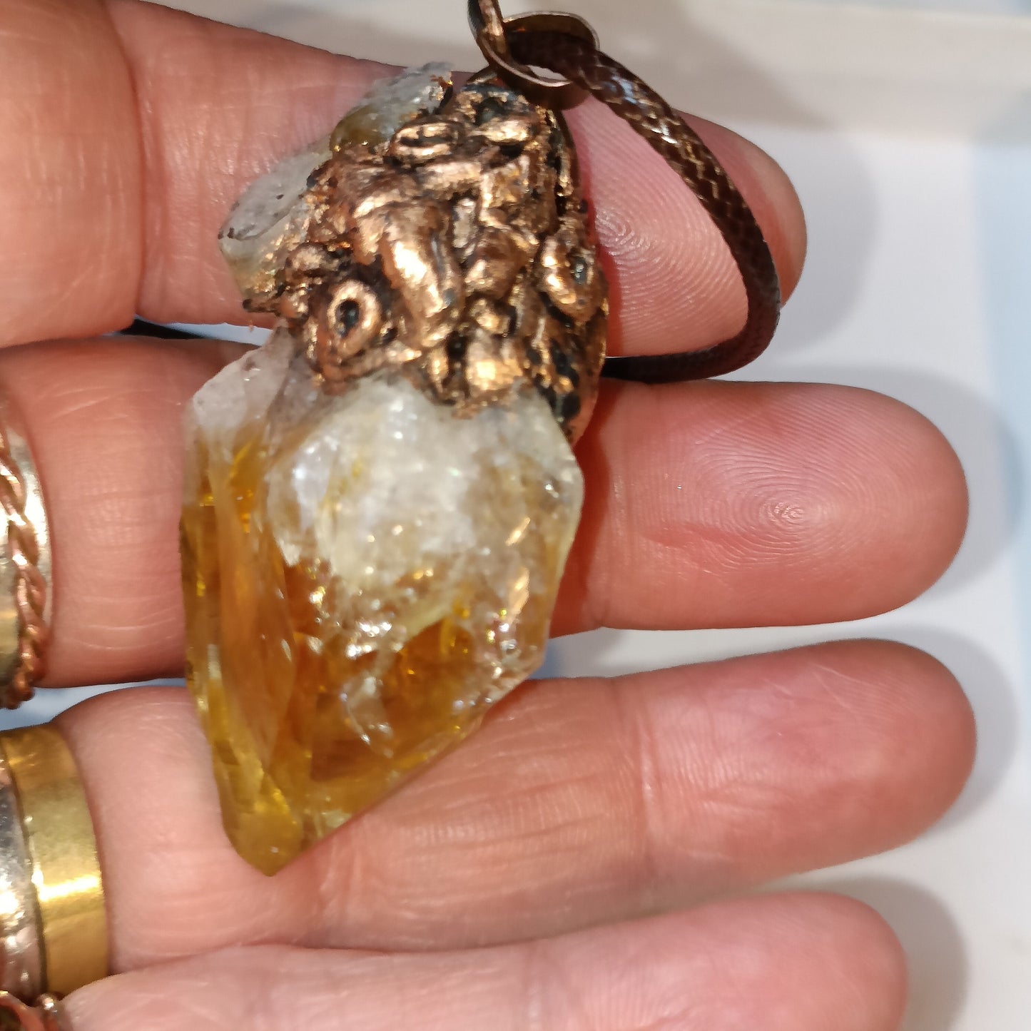 Large Citrine Rough Point with Copper Top OOAK Rainbow Statement Solar Energy Pendant