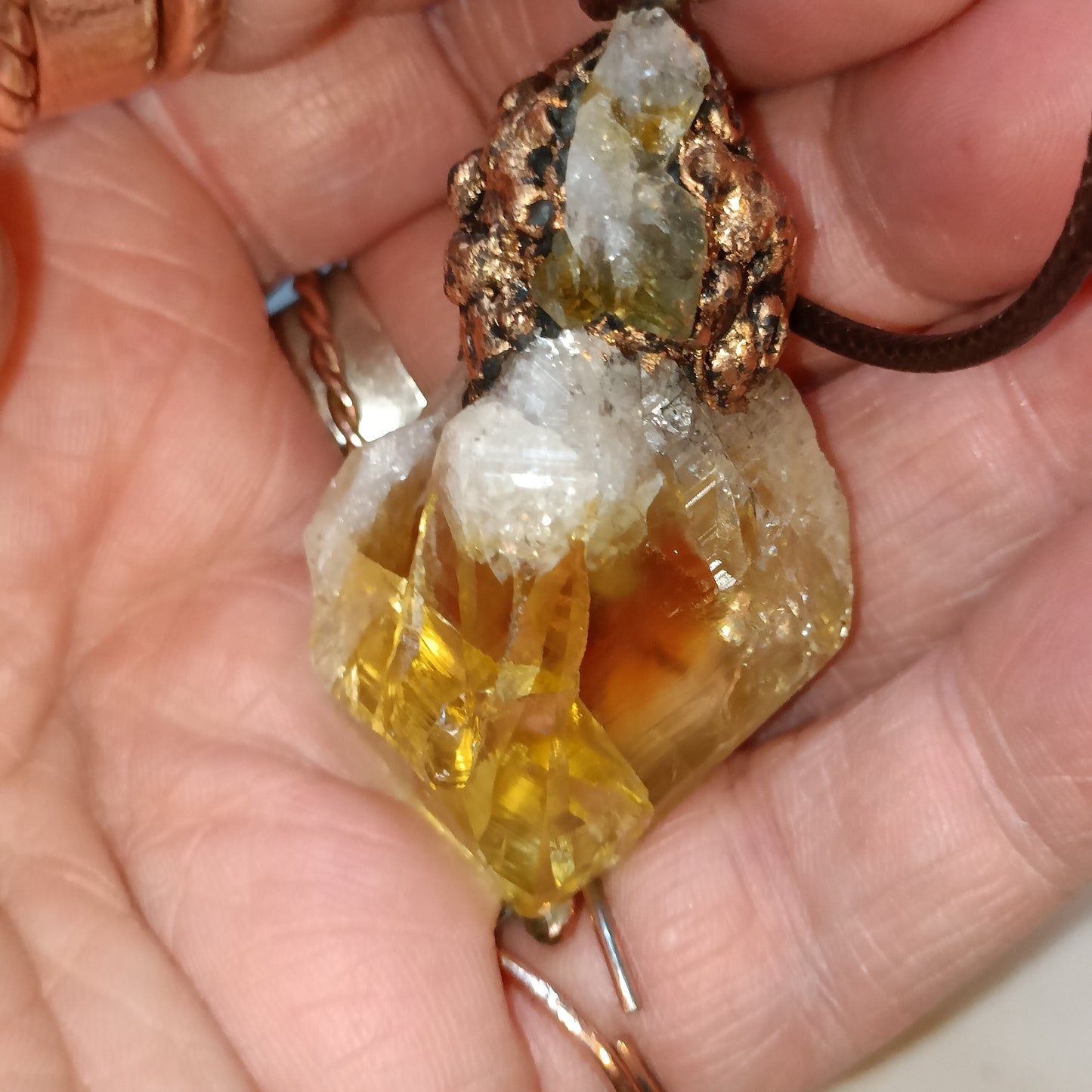 Large Citrine Rough Point with Copper Top OOAK Rainbow Statement Solar Energy Pendant