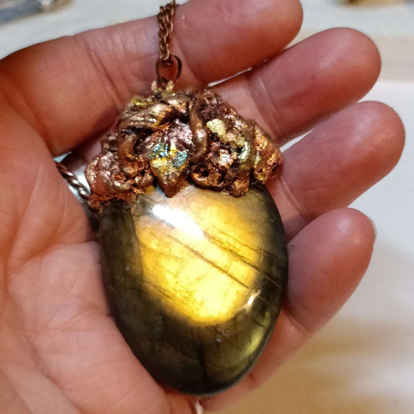 Golden Sheen Labradorite & Variegated Copper Foil Pendant Inner Light