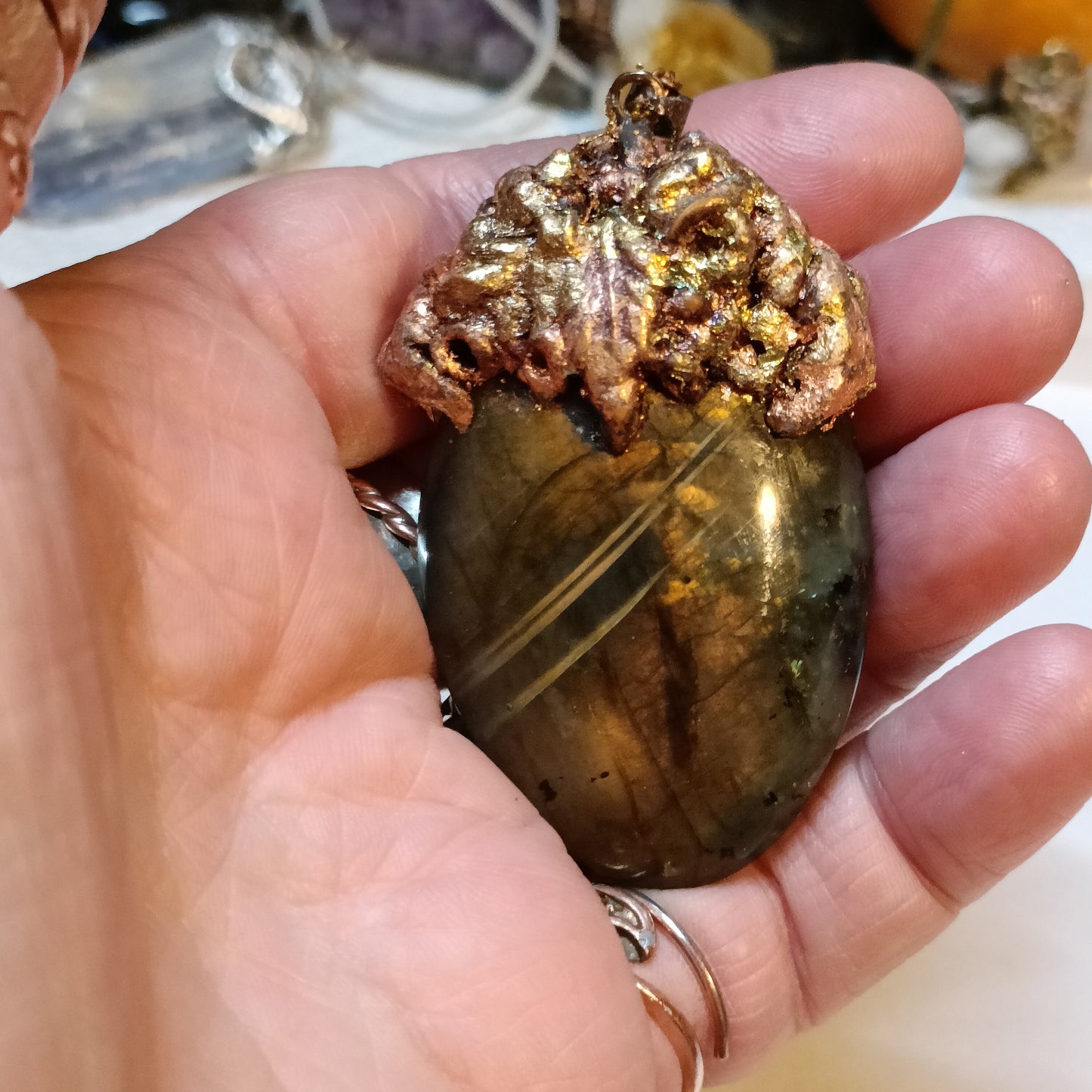 Golden Sheen Labradorite & Variegated Copper Foil Pendant Inner Light