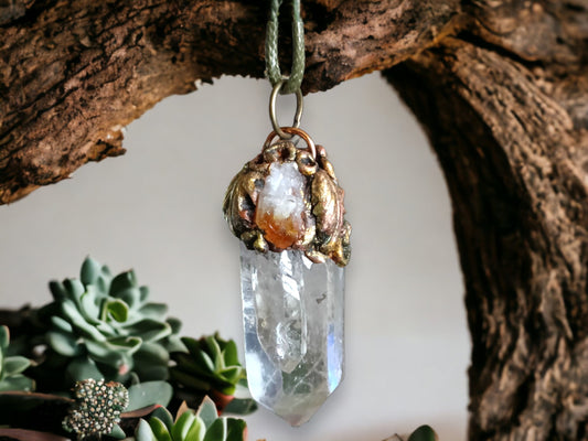 OOAK Clear Quartz Point Pendant with Citrine Energy Direction Variegated Copper Air Witch